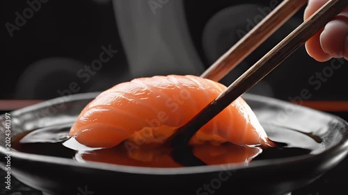 Cinematic Salmon Sushi Nigiri Dipped Into Soy Sauce Close Up