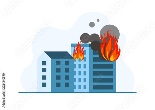 burning high rise apartment buildings and smoke flat illustration