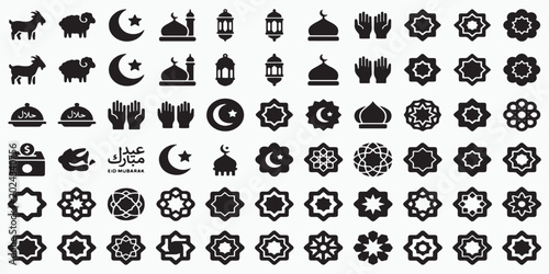 Black icons related to Ramadan, Eid al-Fitr, and Islamic culture on white background