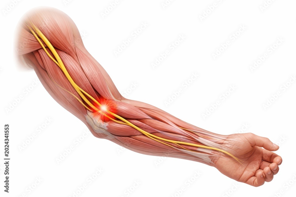 Fototapeta premium Anatomical visualization ulnar neuralgia elbow cubital tunnel nerve compression inside ghostly human limb representing acute burning arm pain pathological within clinical medical science visual