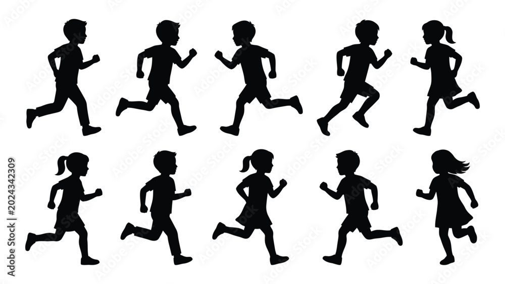 Obraz premium group of children running in various poses black and white silhouette