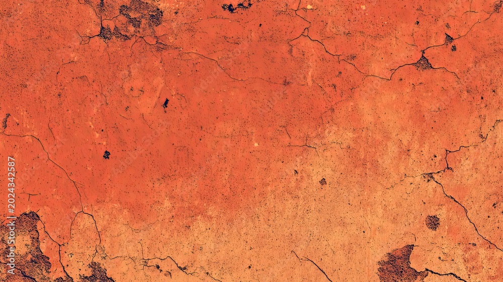 Fototapeta premium Orange Red Vintage Cracked Wall Texture, Mottled Cracking Earth Surface, Terracotta Rough Grain, Abstract Retro Background for Poster and Packaging Design