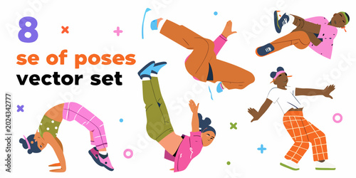 Vászonkép Breakdancing poses vector set colorful illustration of dynamic dancers
