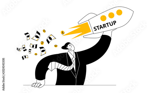 Startup Rocket Launch Concept with Business Growth and Investment. Vector illustration