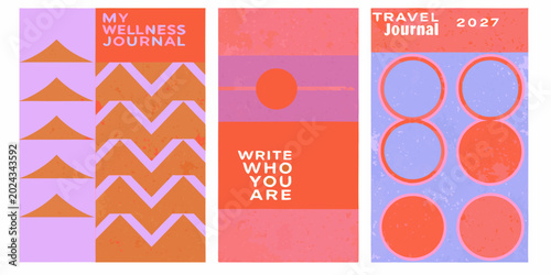 Photos abstract journal covers geometric shapes and text pink and orange