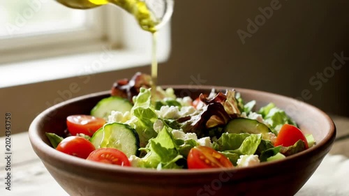 A bowl of mixed greens salad with vegetables and dressing being poured