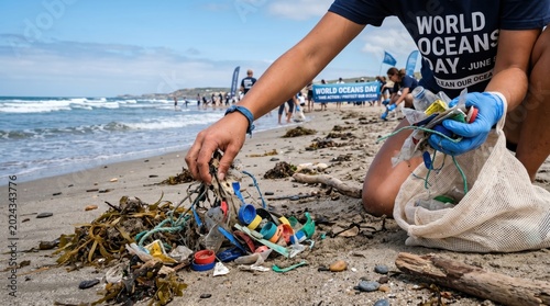 A pair of hands remove plastic from the beach during World Oceans Day