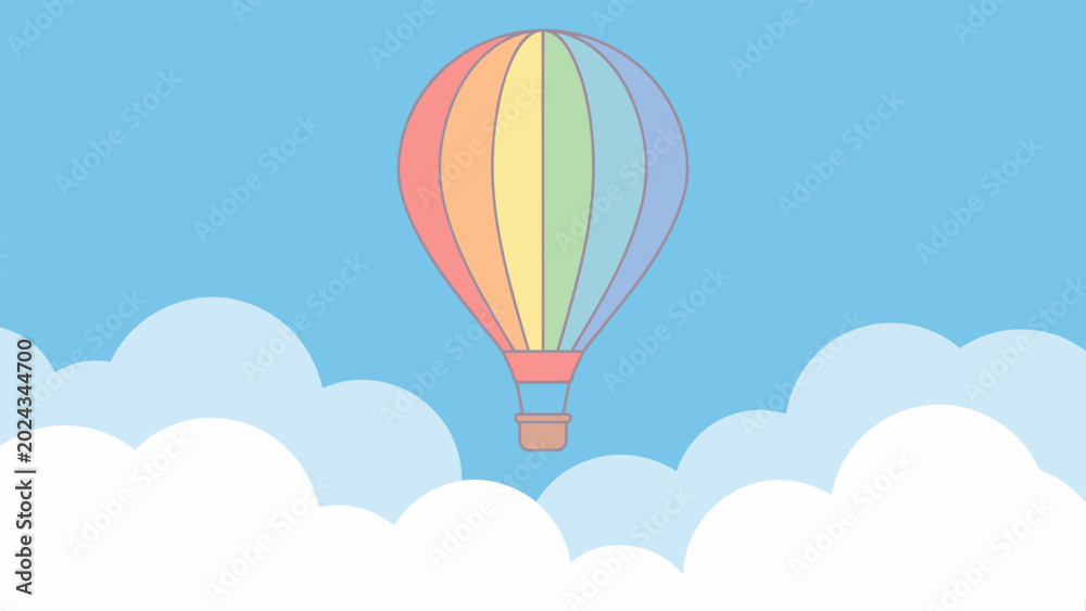 Fototapeta premium Flat vector illustration of colorful hot air balloon flying above clouds. Travel adventure and tourism concept for summer vacation, festival, and outdoor journey design.