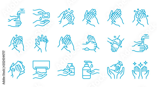 Blue line icons showing hand washing steps from soap lathering to drying on white background, illustrating hygiene protocols and provides essential medical health safety guidelines