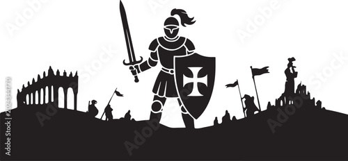 Foto Valiant knight in armor holding sword and shield silhouette vector illustration