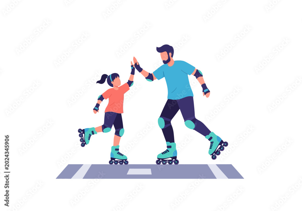 Obraz premium Happy Father and Daughter Roller Skating on Street