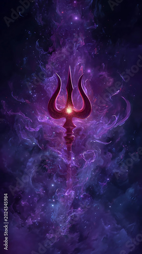 Mystical glowing trident against a vibrant cosmic nebula background with swirling purple and blue energy.