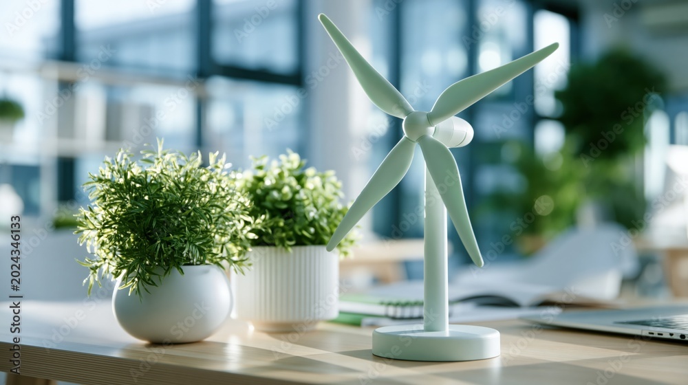 Fototapeta premium Tabletop Wind Turbine Model with Green Plants on Desk, symbolizing eco-friendly business and sustainable office environment
