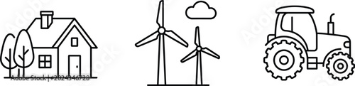 Foto Agriculture and country life line art icon set featuring a farmhouse wind turbin