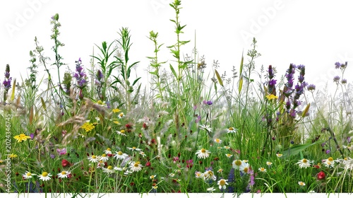 Vibrant wildflower patch with lush summer meadow blooms, fresh tall grass and herbal plants, natural scenic groundcover foliage, isolated on pure transparent background
