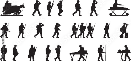 Foto Set of military soldier icons in various poses, actions, and roles, including medical staff