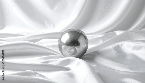 a perfectly round chrome steel ball centered on a luxurious white satin sheet, showcasing smooth silk textures, high-gloss sheen, and elegant drapery.
