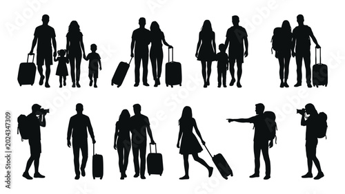 collection of travelers with luggage silhouettes families and individuals on vacation black and white silhouette