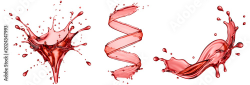 Set of red wine splashes isolated on a white background. 3D render