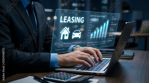 Leasing financial data analysis with laptop and charts displayed