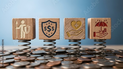 Insurance and financial security concept with wooden blocks and coins