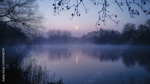 Serene misty lake at dawn under a soft moonlight glow with trees framing the peaceful water view.