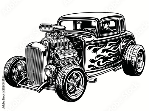 Vintage hot rod car with flames and large engine