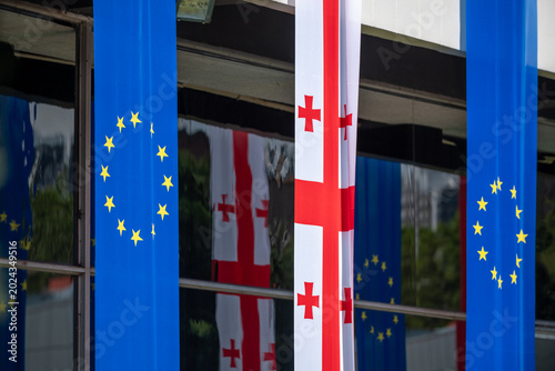 Photos Flags of Georgia and the European Union displayed in Tbilisi, Georgia