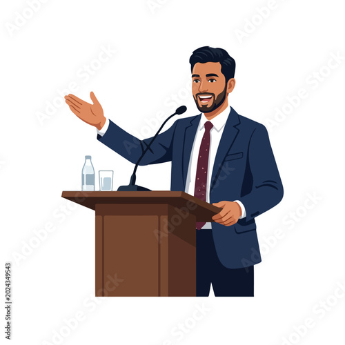 Tableau sur toile Confident businessman or politician character giving a speech at podium with microphone vector illustration isolated on white background