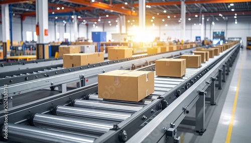 Modern automated cardboard box parcel conveyor system in a bright warehouse distribution center for fast logistics and global shipping.