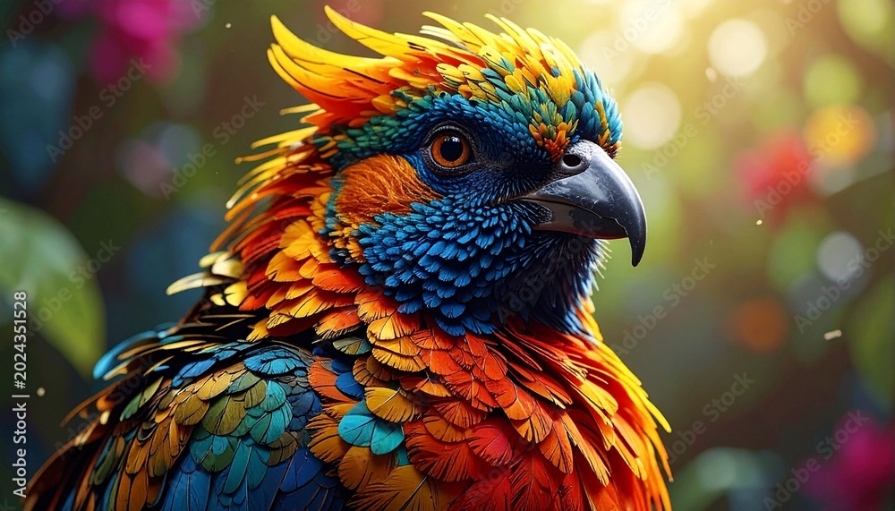Fototapeta premium A stunning close up portrait of a vibrant exotic bird featuring intricate colorful feathers and a sharp beak in a natural lush forest setting.