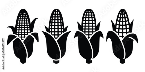 Four Corn Cobs Silhouette on White Background maize