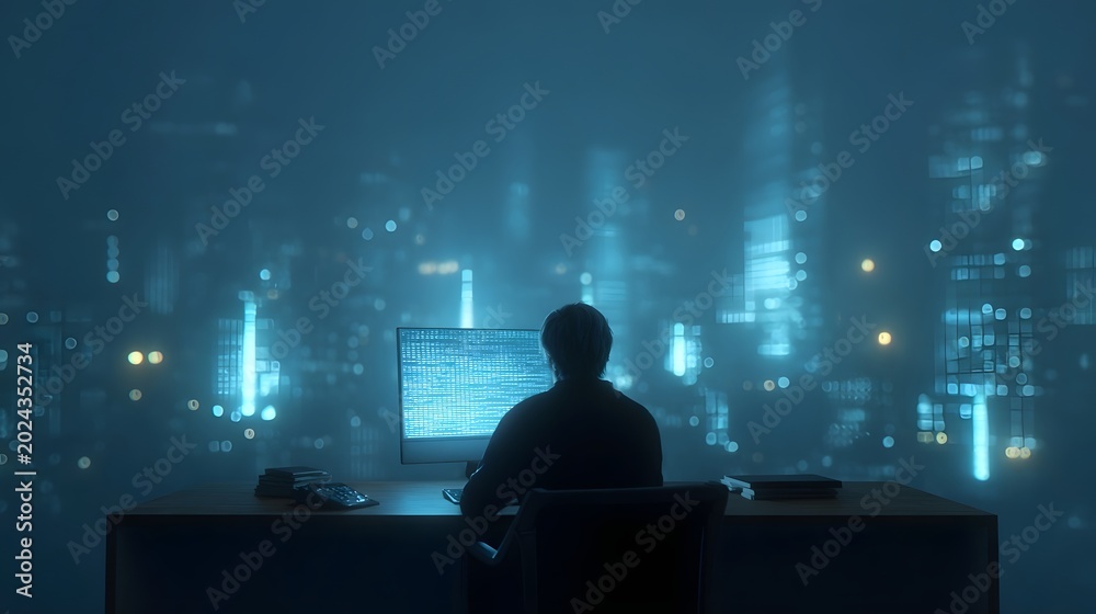 Obraz premium A silhouette of a person working in a dark futuristic environment illuminated by the glow of a screen overlooking a neon cityscape