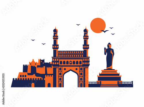 Bild auf Leinwand Hyderabad city skyline vector, iconic Indian landmarks, Charminar gate, Buddha s