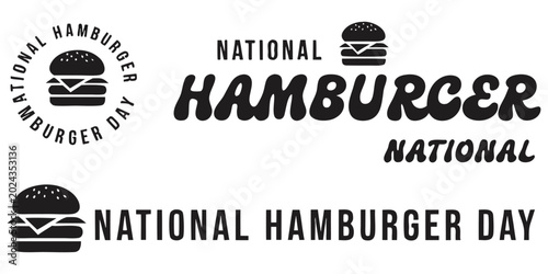 Tableau sur toile National Hamburger Day typographic vector element set featuring minimalist burger icons and versatile retro text layouts isolated on white background