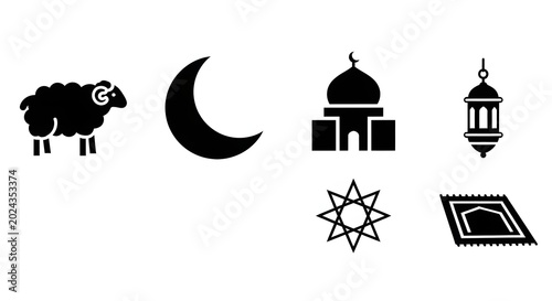 Black Islamic Icons: Sheep, Moon, Mosque, Lantern, Star, Mat
