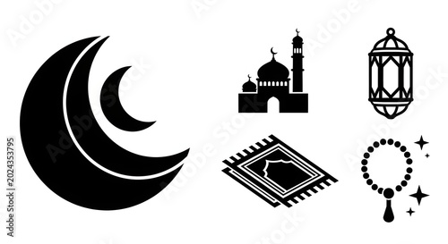 Black and White Islamic Religious Symbols Vector Icon Set for Ramadan