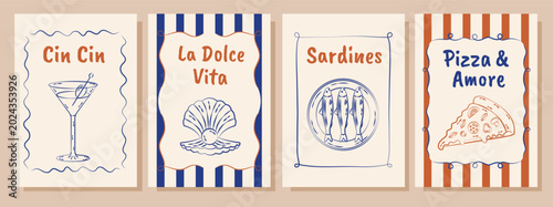 Italian summer posters and cards in hand drawn whimsical style. Mediterranean. La Dolce Vita. Amalfi coast.