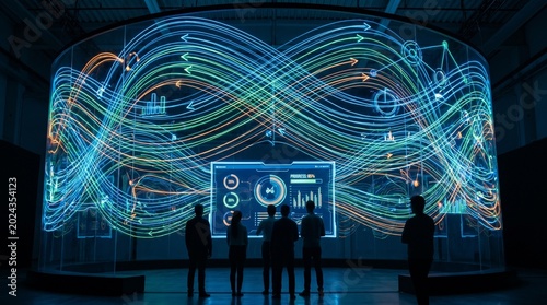 Business team analyzing big data on large digital screen display