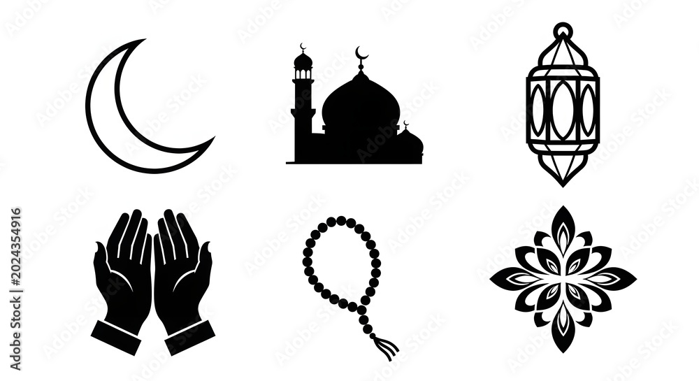 Fototapeta premium Islamic Symbols Silhouette Icon Set with Mosque and Lantern