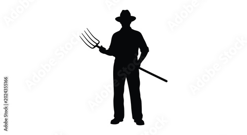 Bild auf Leinwand Farmer with pitchfork standing isolated black silhouette