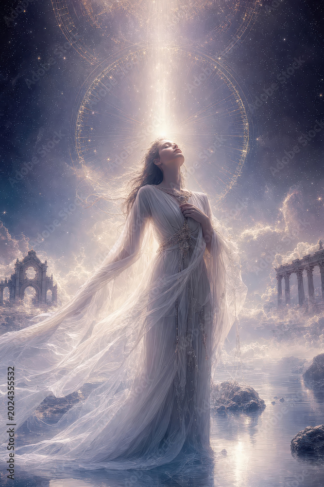 Obraz premium Ethereal woman in flowing white robe stands amidst a celestial landscape, bathed in a pillar of divine light. Ornate geometric halos and stardust swirl around her head. Ancient ruins serene atmosphere