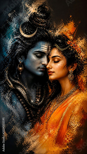 Artistic depiction of Lord Shiva and Goddess Parvati in a divine embrace, rendered with contrasting cool and warm tones, symbolizing cosmic union and spiritual harmony.