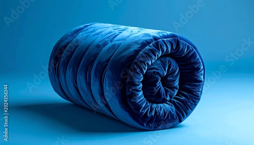 Rolled Blue Plush Blanket Resting on Minimal Studio Background