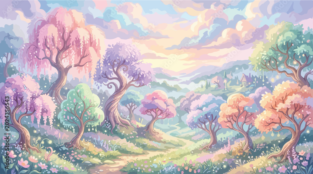 Obraz premium Dreamy pastel fantasy forest landscape vector, magical enchanted garden with colorful trees, whimsical fairy tale valley background for children