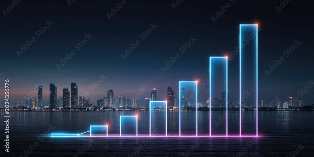 Naklejka premium Neon city skyline graph chart.