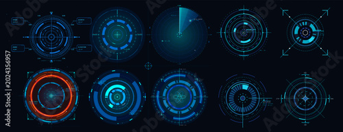 Tableau sur toile Futuristic circular HUD radar interface set with glowing cyan scanner displays, targeting grids and digital dashboard elements on dark background