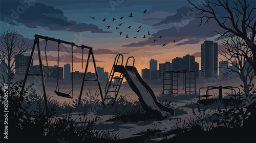 Fotografie Abandoned children playground in urban city park with old rusty swing set and slide during dramatic sunset