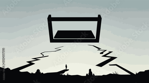 Schilderij op canvas Minimalist surreal landscape with floating geometric frame and lonely figure standing on cliff edge above abyss