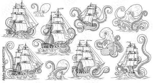 Foto Vintage Pirate Ship and Kraken Illustration Collection Featuring Nautical Sea Mo